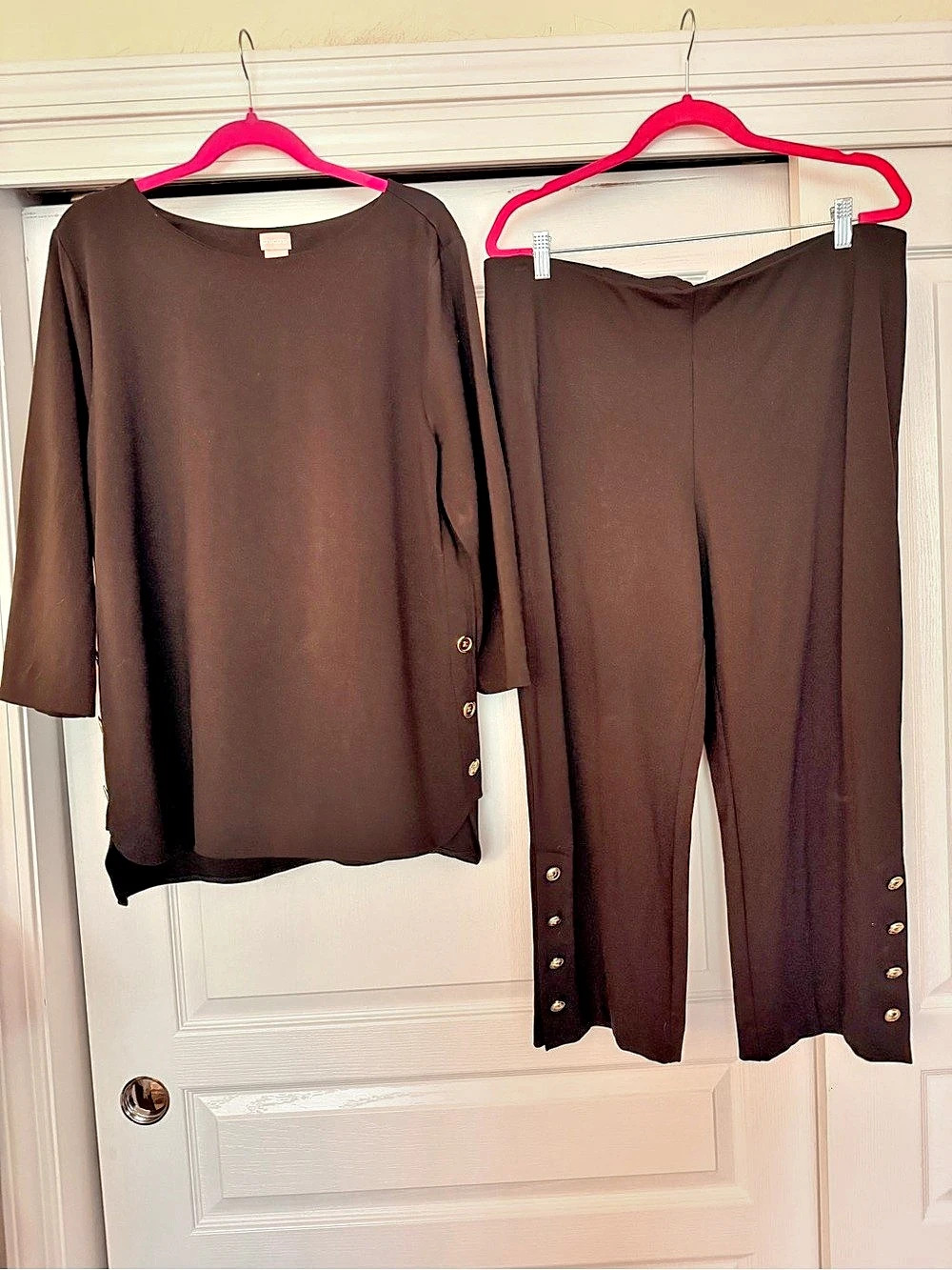 Like New Chico's Black Pantsuit Set Gold Button Detail on Tunic and Pants